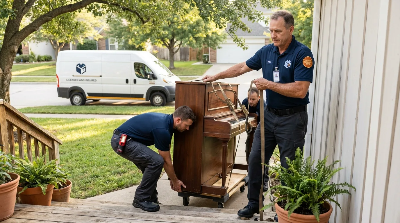 Licensed piano movers securing grand piano in Marshfield, MO