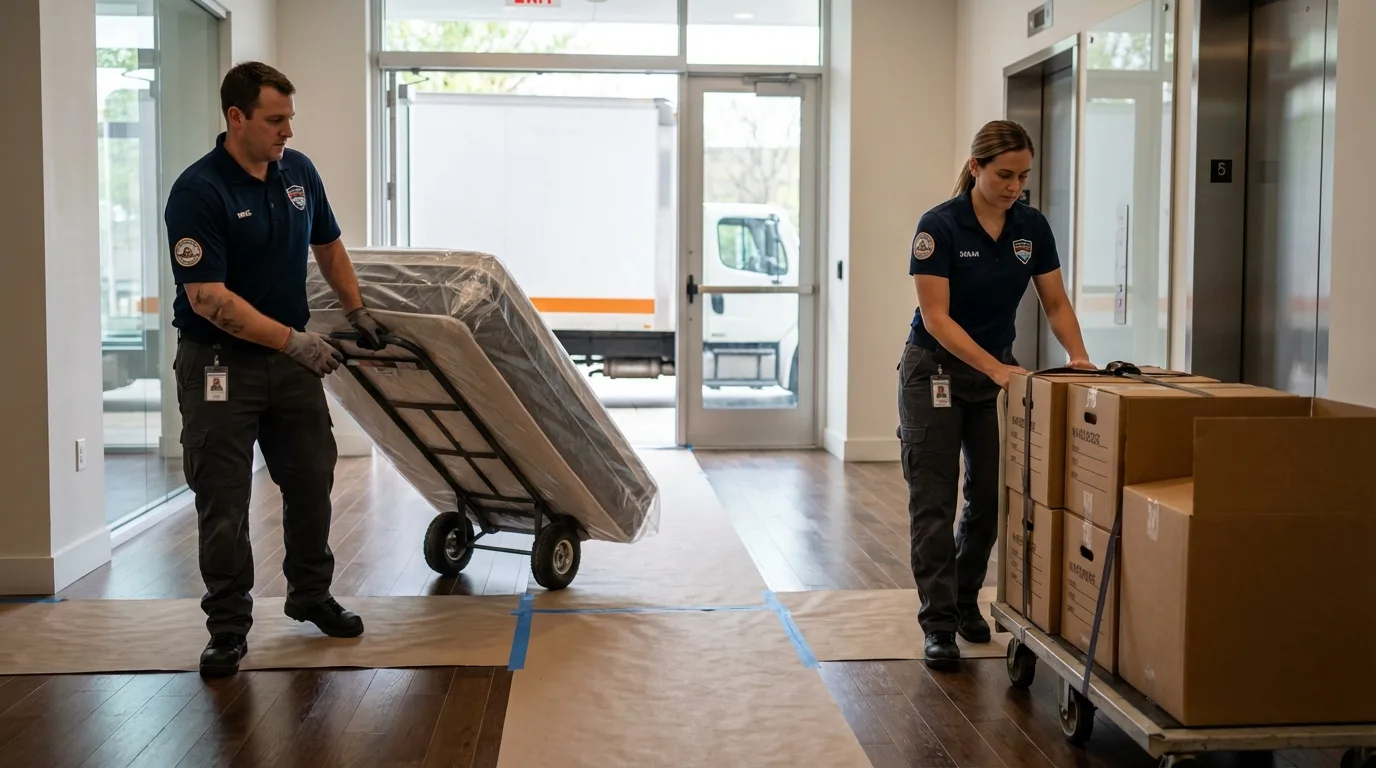 Professional apartment movers loading elevator in Marshfield, MO